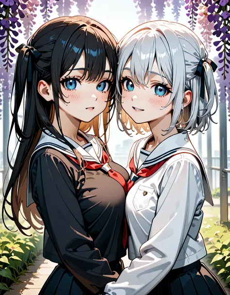 (score_9, score_8_up, score_7_up), source_Anime, absurd_res, white, blue, black, 2girls, duo, upper body, super fine illustration, an extremely delicate and beautiful, best quality, masterpiece, 8K, spring setting, wisteria flowers, gentle breeze, sunlight...