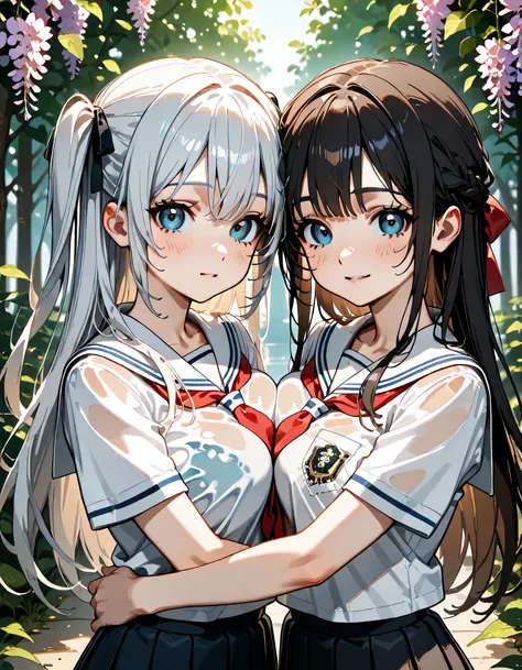 (score_9, score_8_up, score_7_up), source_Anime, absurd_res, white, blue, black, 2girls, duo, upper body, super fine illustration, an extremely delicate and beautiful, best quality, masterpiece, 8K, spring setting, wisteria flowers, gentle breeze, sunlight...