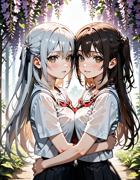 (score_9, score_8_up, score_7_up), source_Anime, absurd_res, white, blue, black, 2girls, duo, multiple girls, upper body, super fine illustration, an extremely delicate and beautiful, best quality, masterpiece, 8K, spring setting, wisteria flowers, gentle ...