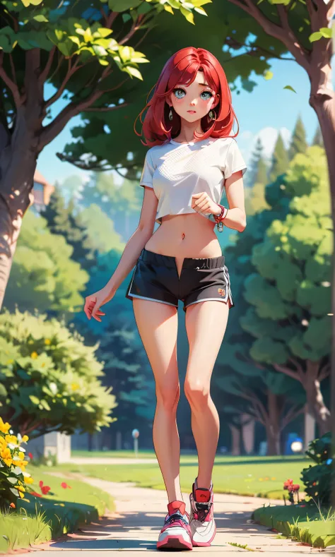 Masterpiece, high facial detail, una niña hermosa, thinand tall, skinny girl, an asian girl, Yuna from ITZY, redhead, long hair, short hair, blue eyes, blushing, a full body girl, flat chest, abdomen, textured skin, long legs, legs apart, sexy pose, white ...