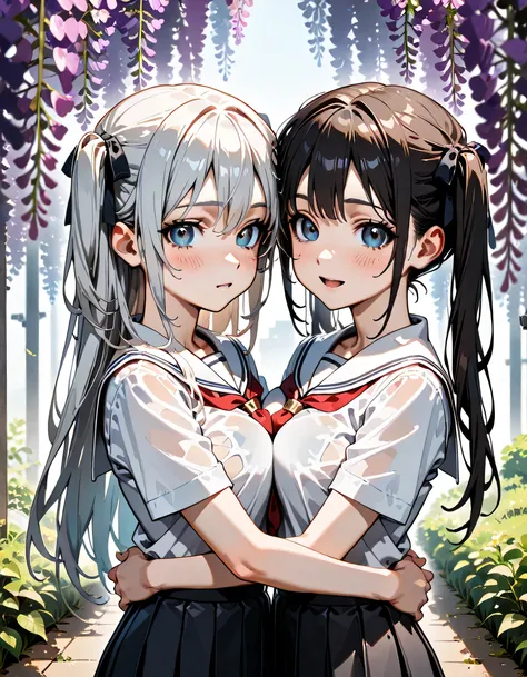 (score_9, score_8_up, score_7_up), source_Anime, absurd_res, white, blue, black, 2girls, duo, multiple girls, upper body, super fine illustration, an extremely delicate and beautiful, best quality, masterpiece, 8K, spring setting, wisteria flowers, gentle ...