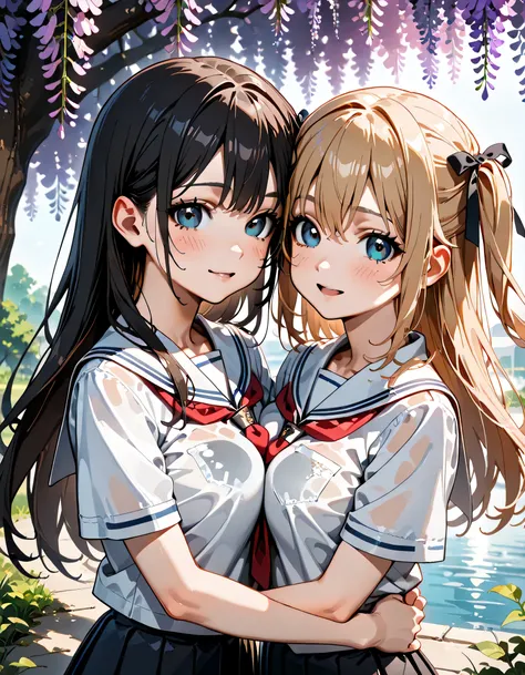 (score_9, score_8_up, score_7_up), source_Anime, absurd_res, white, blue, black, 2girls, duo, multiple girls, upper body, super fine illustration, an extremely delicate and beautiful, best quality, masterpiece, 8K, spring setting, wisteria flowers, gentle ...