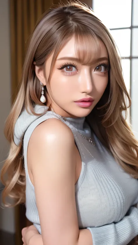 ( cowboy shooting 、 top quality 、8k、 Award-winning work 、 super high definition )、 beautiful woman under hoodie、( I'm showing off my perfect body with my Virgin Killer sweater , SeXy Breasts:1.1)、 Beautiful shiny lips , Shine Glitter Lip Gl...