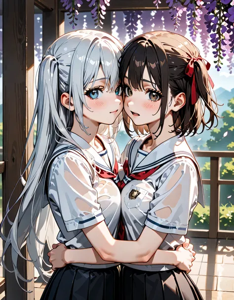 (score_9, score_8_up, score_7_up), source_Anime, absurd_res, white, blue, black, 2girls, duo, multiple girls, upper body, super fine illustration, an extremely delicate and beautiful, best quality, masterpiece, 8K, spring setting, wisteria flowers, gentle ...
