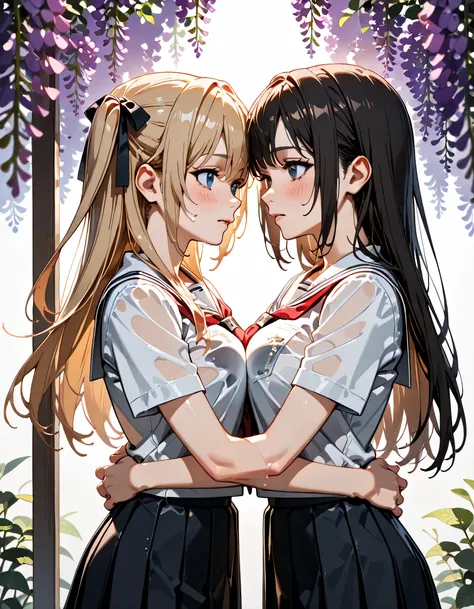 (score_9, score_8_up, score_7_up), source_Anime, absurd_res, white, blue, black, 2girls, duo, multiple girls, upper body, super fine illustration, an extremely delicate and beautiful, best quality, masterpiece, 8K, spring setting, wisteria flowers, gentle ...