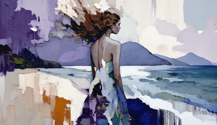 fashion illustration, illustration, fantasia surreal, Beautiful girl with long wavy hair walks using summer dress, in Rio de Janeiro, Redentor, color palette Amaranth Purple, Cadet Blue (Crayola), Azureish White, Teal Blue, Morning Blue. morning, volu...
