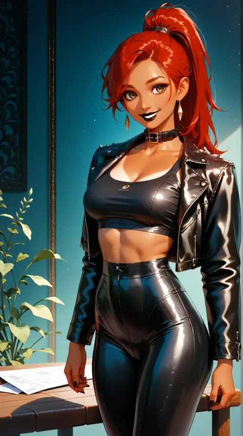 small muskular estonien girl, clean silicone breasts, mat black leather leggings, red hair , ponytail, black collar , create it as an epic wallpaper, standing , background empty, mat black leather crop top, thick glamorous make-up, beautiful eyes, tan...