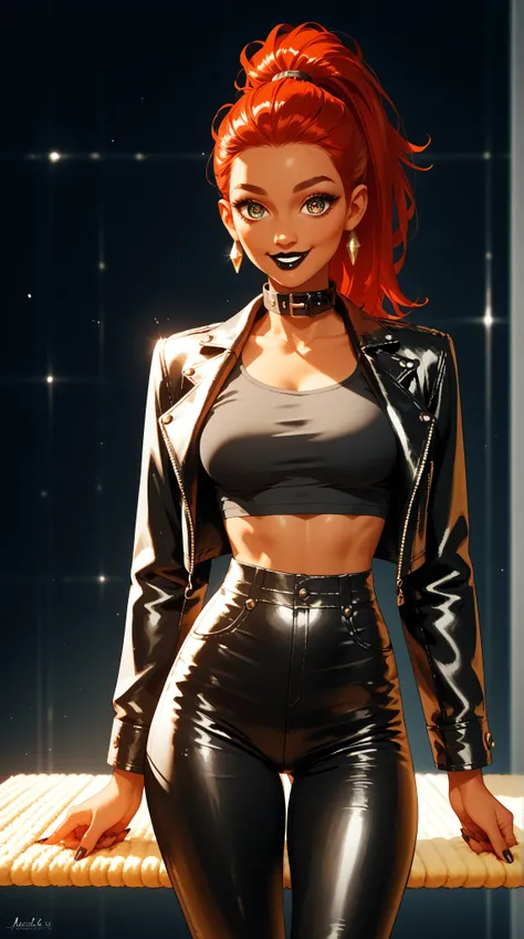 small muskular estonien girl, clean silicone breasts, mat black leather pants, red hair , ponytail, black collar , create it as an epic wallpaper, standing , background empty, mat black leather crop top, thick glamorous make-up, beautiful eyes, tanned...