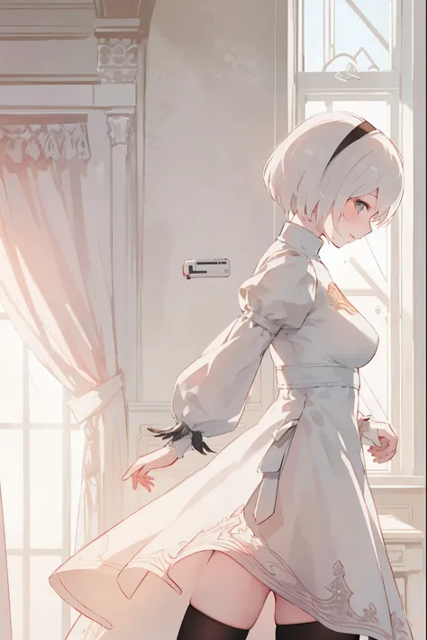 2b, nier automata, yorha, android, 1girl Cowboy shot Solo Sharp outlines, rich details (long white hair covering human ears, 2long white rabbits ears, 2fluffy ears, pink lips, NO EARRINGS) Iron Collar with O-Ring Subtle natural look with minimal makeup, fo...