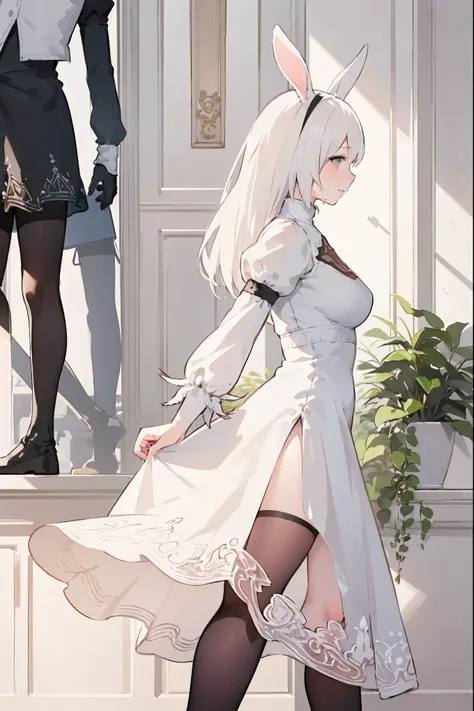 2b, nier automata, yorha, android, 1girl Cowboy shot Solo Sharp outlines, rich details (long white hair covering human ears, 2long white rabbits ears, 2fluffy ears, pink lips, NO EARRINGS) Iron Collar with O-Ring Subtle natural look with minimal makeup, fo...
