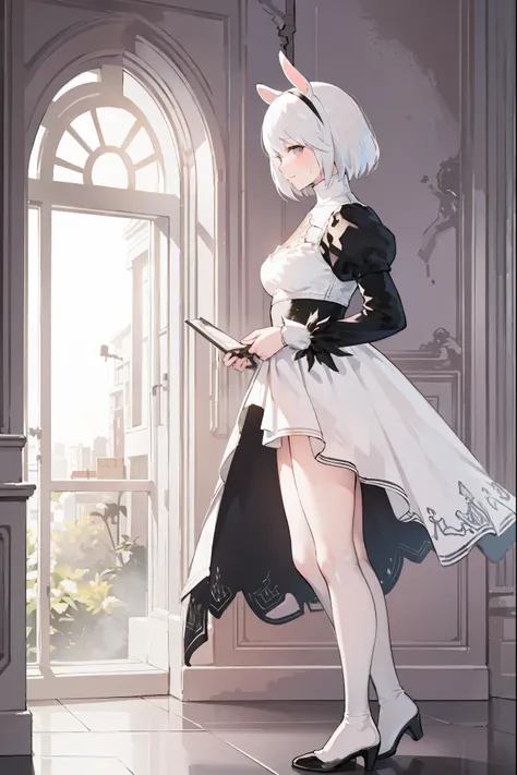 2b, nier automata, yorha, android, 1girl Cowboy shot Solo Sharp outlines, rich details (long white hair covering human ears, 2long white rabbits ears, 2fluffy ears, pink lips, NO EARRINGS) Iron Collar with O-Ring Subtle natural look with minimal makeup, fo...