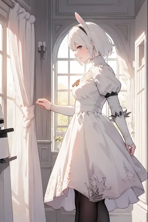 2b, nier automata, yorha, android, 1girl Cowboy shot Solo Sharp outlines, rich details (long white hair covering human ears, 2long white rabbits ears, 2fluffy ears, pink lips, NO EARRINGS) Iron Collar with O-Ring Subtle natural look with minimal makeup, fo...