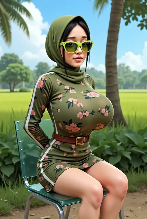Large sagging breasts, fluorescent green sunglasses, (Shiny Breasts:5.24), (plump plump) hijab hijab hijab hijab, (Photorealistic:1.6) Indonesian hijab dry aunty wear bra and (Small tiny short skirt),  background rice paddy. daytime atmosphere, don't put a...
