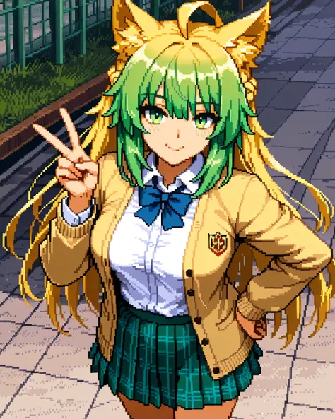 1girl, solo, long hair, breasts, looking at viewer, smile, skirt, shirt, long sleeves, bow, hair between eyes, school uniform, green eyes, white shirt, pleated skirt, green hair, bowtie, green skirt, hand on hip, plaid, v, blue bow, plaid skirt, cardigan, ...
