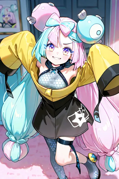 
iono (Pokémon Scarlet and Violet),  young girl , ((((Just 1 Iono)))), medium breasts, very long hair, twintails, bicolor hair, light blue and pink hair, two-toned eyes, pink and blue eyes, ((joyful expression), animated smile, face scarf, anime clothes/jo...
