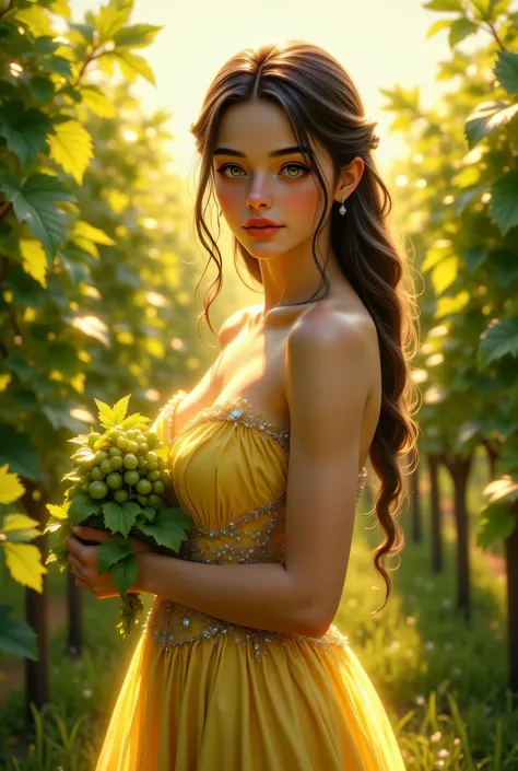A beautiful young woman standing in a vineyard bathed in golden sunlight, holding a bunch of green grapes. She has long black hair in a side braid, soft glowing skin, and a gentle smile. She's wearing a flowing white summer dress. The background is lush wi...