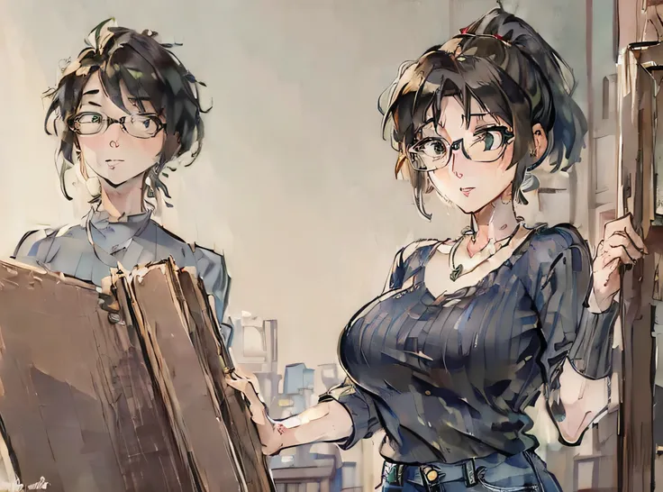 (Masterpiece: 1.8), Best quality, Aunt Cass Hamada from Big Hero 6, vermilion low-cut sweater, jeans, necklace, friendly expression, tall slender build, smaller breasts, grey hair in a ponytail, glasses, oil painting  