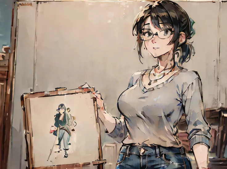 (Masterpiece: 1.8), Best quality, Aunt Cass Hamada from Big Hero 6, vermilion low-cut sweater, jeans, necklace, friendly expression, tall slender build, smaller breasts, grey hair in a ponytail, glasses, oil painting  
