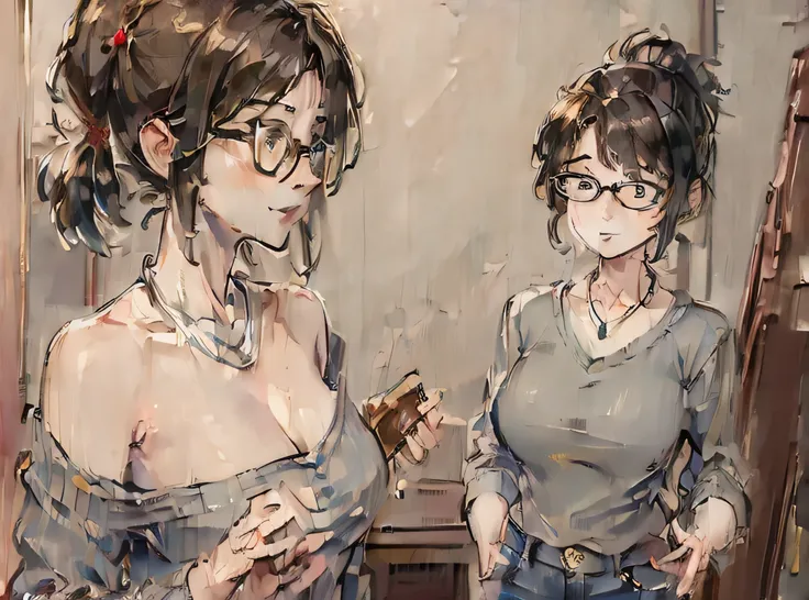 (Masterpiece: 2.0), Best quality, Aunt Cass Hamada from Big Hero 6, vermilion low-cut sweater, jeans, necklace, friendly expression, tall slender build, smaller breasts, grey hair in a ponytail, glasses, oil painting  