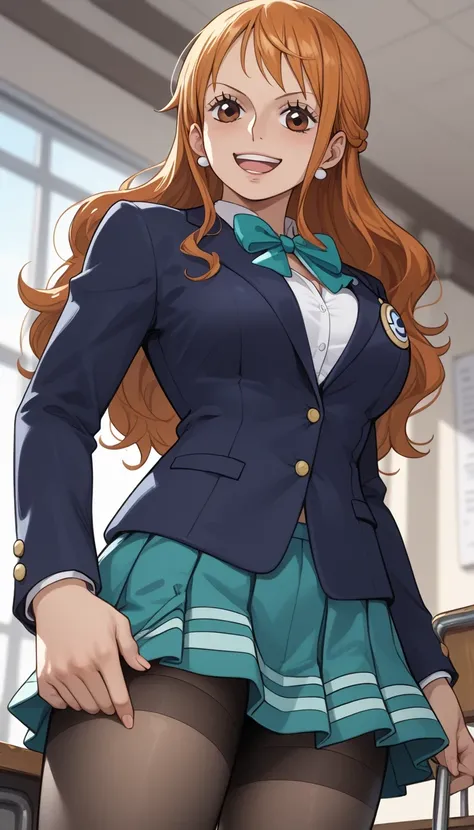 score_9, score_8_up, score_7_up, source_Anime Top Quality、8k、 masterpiece、super high accuracy、 natural light、perfect anatomy、one woman、medium breasts、saggy breasts:1.7、one piece、nami、( Happy Expression )、school uniform、blazer、ribbon、skirt for ears、pantyhos...