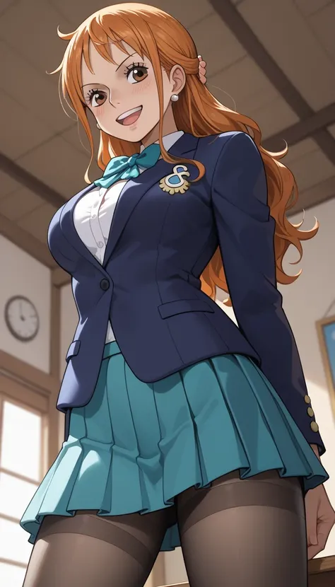 score_9, score_8_up, score_7_up, source_Anime Top Quality、8k、 masterpiece、super high accuracy、 natural light、perfect anatomy、one woman、medium breasts、saggy breasts:1.7、one piece、nami、( Happy Expression )、school uniform、blazer、ribbon、skirt for ears、pantyhos...