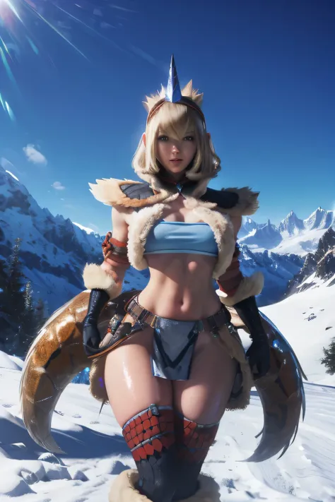 perfect anatomy best quality,highest resolution,(((female shiny top shiny light blond hair shiny skin))) Monster Hunter giraffe equipment cool snowy mountains