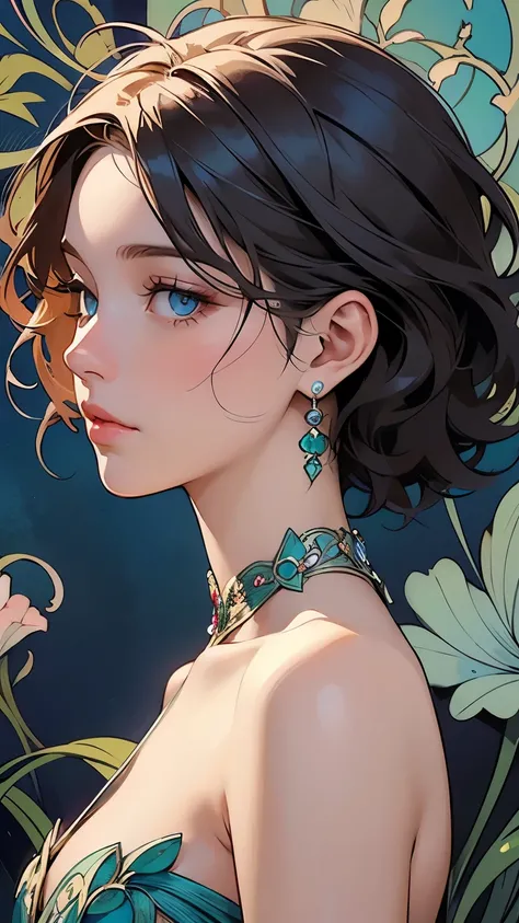 Mucha, Master of Art Nouveau,beautiful young girl, showing shoulders, medium short hair, blue eyes, face in profile, little bit looking up, realistic 2D style illustration, modern art, surrunded with jem, Diamonds, Rubies, Sapphires and Emeralds, fashion ...