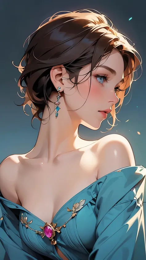 Mucha, Master of Art Nouveau,beautiful young girl, showing shoulders, medium short hair, blue eyes, face in profile, little bit looking up, realistic 2D style illustration, modern art, surrunded with jem, Diamonds, Rubies, Sapphires and Emeralds, fashion ...