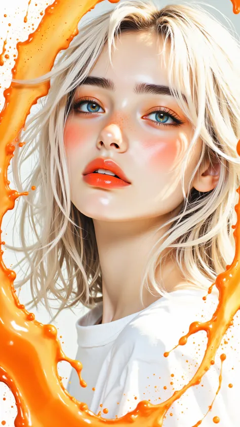 8k, Masterpiece, Top Quality, Illustration, Stylized Realism, Vibrant Colors. Close-up, slightly high angle. Woman looking up towards viewer, head tilted. Platinum blonde white wavy hair framing face. Bright orange eyeshadow, winged eyeliner, orange blush,...