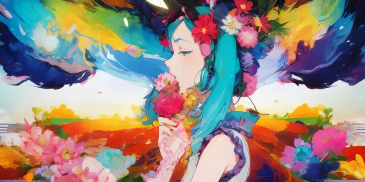 soft and warm colors, Movie Stills, bright, vivid,dreamy, evocinive use of light and shadow,Hatsune Miku,incredible beauty, lively, studio anime, beautiful,  textured face, ray tracing, absault dress, Official Art, illustrinion, masterpiece,best quality,((...