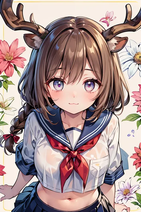 ((1 girl:1.3)),((cute girl:1.2)),((solo:1.1)),( braided hair:1.15),(stupid hair:1.3),((brown hair:1.2)),((Pastel marble-colored eyes:1.25)),((Stunned Expression:1.1)),doya face,plump breasts,skinny body,((SAILOR FASHION:1.2)),((Eerie Glowing Eyes :1.3)),((...