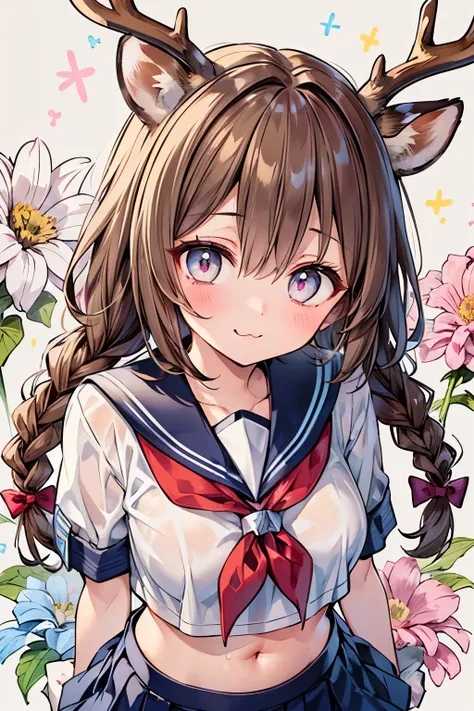 ((1 girl:1.3)),((cute girl:1.2)),((solo:1.1)),( braided hair:1.15),(stupid hair:1.3),((brown hair:1.2)),((Pastel marble-colored eyes:1.25)),((Stunned Expression:1.1)),plump breasts,skinny body,((SAILOR FASHION:1.2)),((Eerie Glowing Eyes :1.3)),((cropped sa...