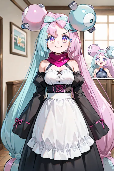 iono (Pokémon Scarlet and Violet),  young girl , ((((Just 1 Iono)))), Medium breasts, very long hair, twintails, bicolor hair, light blue and pink hair, two-toned eyes, pink and blue eyes, ((animated expression), cheerful smile, face scarf, maid uniform, l...