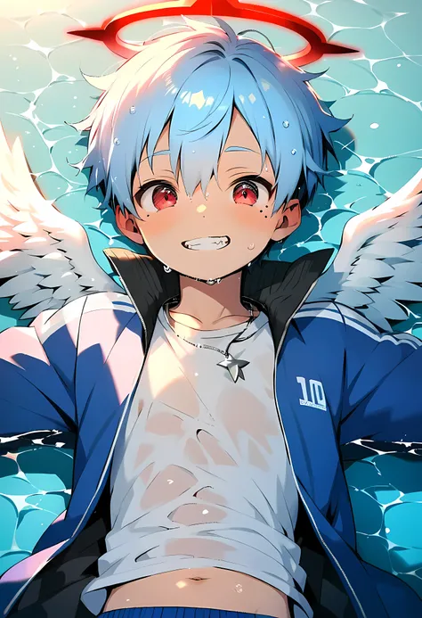 (score_9, score_8_up), (ultra detailed), (8k), (cute face), (detailed eyes:1.3), (shiny eyes), (masterpiece eyes), (1 boy:1.3), (shota:1.5), (lying on back:1.4), (lying on sea), (spread arms:1.2), BREAK (red baggy tracksuit:1.3), BREAK (tight blue jeans:1....