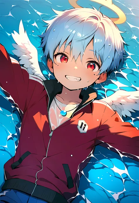 (score_9, score_8_up), (ultra detailed), (8k), (cute face), (detailed eyes:1.3), (shiny eyes), (masterpiece eyes), (1 boy:1.3), (shota:1.5), (lying on back:1.4), (lying on sea), (spread arms:1.2), BREAK (red baggy tracksuit:1.3), BREAK (tight blue jeans:1....