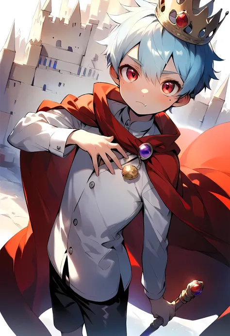 (score_9, score_8_up), (ultra detailed), (8k), (cute face), (detailed eyes:1.3), (shiny eyes), (masterpiece eyes), (1 boy), (shota:1.5), (Standing upright:1.3), (left hand on chest:1.3), (five fingers:1.5), (right hand holding sceptre:1.3), (purple shining...