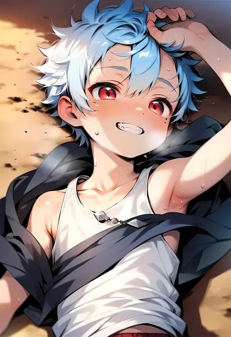 (score_9, score_8_up), (ultra detailed), (8k), (cute face), (detailed eyes:1.3), (shiny eyes), (masterpiece eyes), (1 boy), (shota:1.5), (lying on back:1.4), (lying on ground), (one hand on head:1.2), BREAK (white baggy tank top:1.3), (black hoodie), (part...