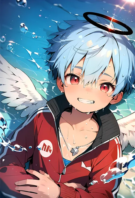 (score_9, score_8_up), (ultra detailed), (8k), (cute face), (detailed eyes:1.3), (shiny eyes), (masterpiece eyes), (1 boy:1.3), (shota:1.5), (lying on back:1.4), (lying on sea), (spread arms:1.2), BREAK (red baggy tracksuit:1.3), BREAK (tight blue jeans:1....