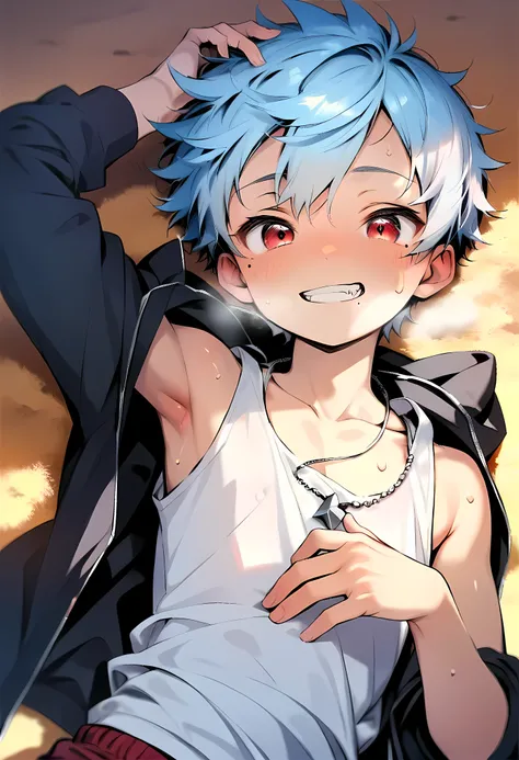 (score_9, score_8_up), (ultra detailed), (8k), (cute face), (detailed eyes:1.3), (shiny eyes), (masterpiece eyes), (1 boy), (shota:1.5), (lying on back:1.4), (lying on ground), (one hand on head:1.2), BREAK (white baggy tank top:1.3), (black hoodie), (part...