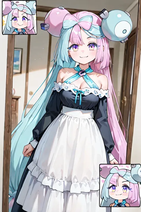 iono (Pokémon Scarlet and Violet), young girl (no hair ornament)(No neck ornament), ((((Just 1 Iono)))), Medium breasts, very long hair, twintails, bicolor hair, light blue and pink hair, two-toned eyes, pink and blue eyes, ((animated expression), cheerful...