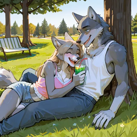 2 GAY COUPLE FURRY WOLVES. Masterpiece, best quality,a masculine gay wolf furry couple having spring picnic at park, wearing cute soft tanktop. drinking mohito, smiling and chatting lovely. looking at eachother on grass, laughing cuddling under shadow of a...