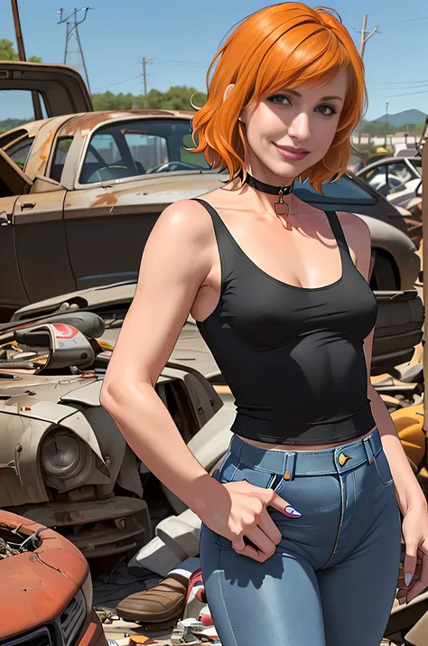Kari Byron, (Kari Byron:1.5), masterpiece quality, (masterpiece quality:1.3), detailed, realistic, (realistic:1.3), 1girl, solo, (solo:1.9), 30 years old, in a junkyard, (in a junkyard:1.5), lots of junk in background, (lots of junk in background:1.5),  or...