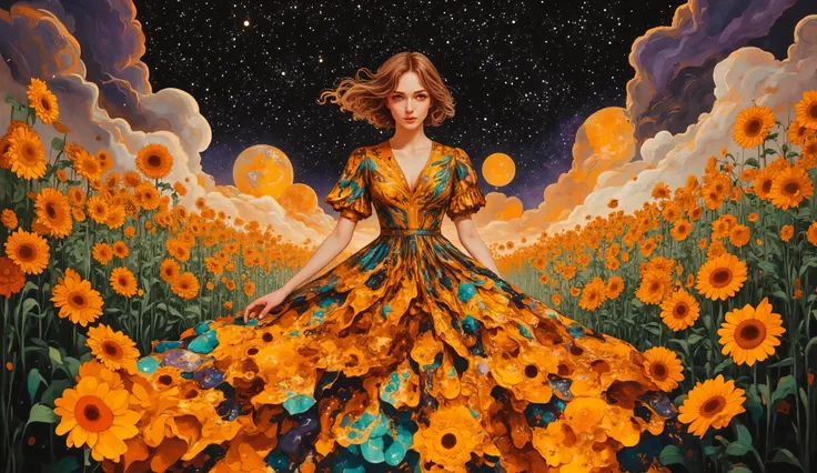 Imagine a young woman with windswept hair, standing in a field of clockwork sunflowers under a twilight sky. The sunflowers appear to be growing out of her dress, their petals swirling around her. The background features a blend of deep blacks and purples,...
