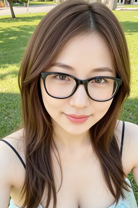 (( top quality)), ((傑 top quality、 masterpiece、high sensitivity、 high resolution、 detailed depiction of the entrance、 depicting a delicate face ))、nice body、female、glass、With a happy smile、black glasses、big breasts、tube top camisole、anatomically correct, ...