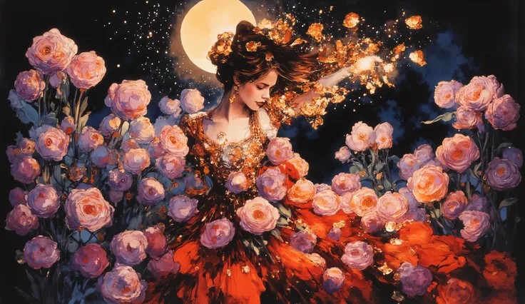 Imagine a young woman with windswept hair, standing in a field of clockwork tulips under a twilight sky. The tulips appear to be growing out of her dress, their petals swirling around her. The background features a blend of deep blacks and purples, creatin...