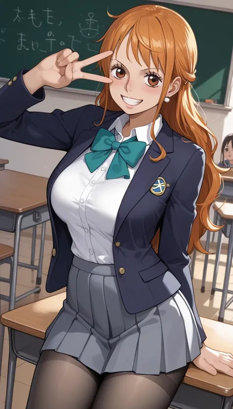 score_9, score_8_up, score_7_up, source_Anime Top Quality、8k、 masterpiece、super high accuracy、 natural light、perfect anatomy、one woman、Big Breasts、saggy breasts:1.7、one piece、nami、( Happy Expression )、school uniform、blazer、ribbon、gray miniskirt、pantyhose、(...