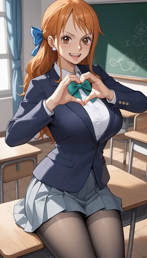 score_9, score_8_up, score_7_up, source_Anime Top Quality、8k、 masterpiece、super high accuracy、 natural light、perfect anatomy、one woman、Big Breasts、saggy breasts:1.7、one piece、nami、( Happy Expression )、school uniform、blazer、ribbon、gray miniskirt、pantyhose、(...