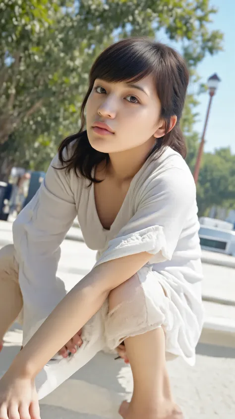 ((( low angle shot、 stare at the viewer's genitals  :1.22, on all fours,doggy style,and face the front,raise your head ,ゆったりとしたオープンシャツでno underwear 、   no underwear))),Expressions of anguish and euphoria,Close to his chest