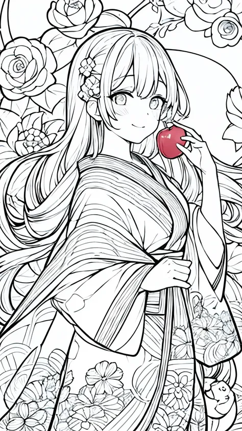Create a coloring page with a white fondo showing a festival scene where a person is eating a candied apple. Asegúrese de que la persona y la manzana confitada tengan una relación bien definida., contornos gruesos.,Create a coloring page with a white fondo...
