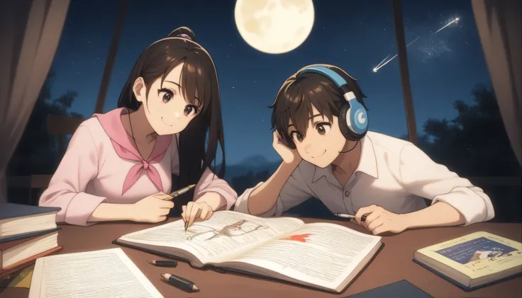score_9, score_8_up, score_7_up, gsfghtr, pajamas, pink neckerchief, black hairs, ((long straight hairs)) night, crescent moon in sky, shooting stars, studying on the desk, writing on the book using pen with left hand, open eyes, smile, ((headphone)), a gl...